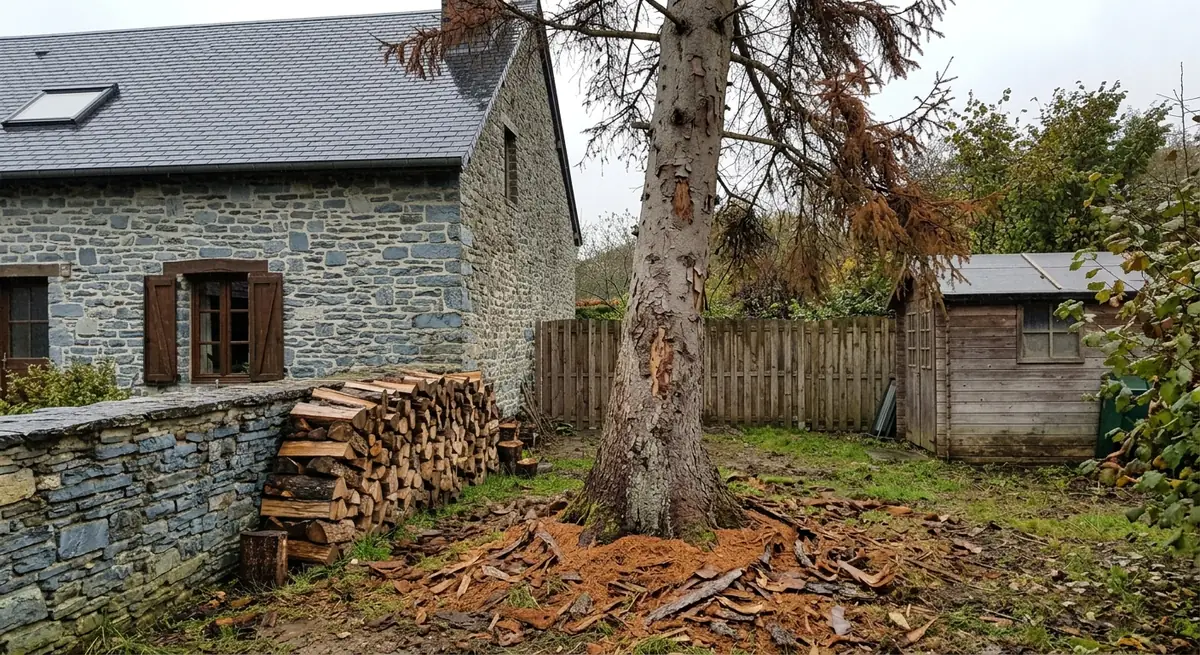 Avant : épicéa sec près de la maison